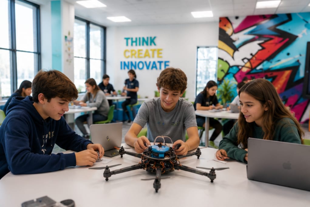 Middle school students building and testing a drone together